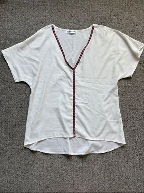 Blue Elephant White V-Neck Blouse with Red Trim